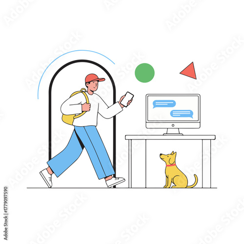 Person arrives home, greeted by dog, checks phone after work, relaxation