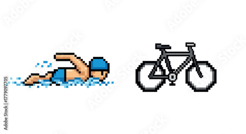 Pixel art triathlon swimmer and bicycle with retro design elements