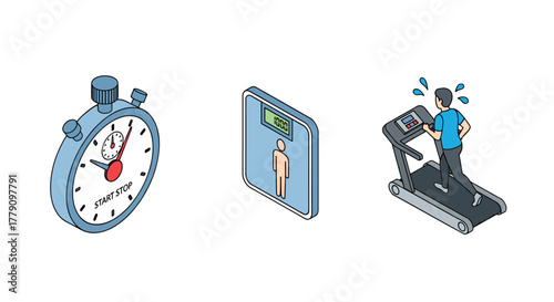Isometric fitness journey stopwatch, scale, treadmill exercise