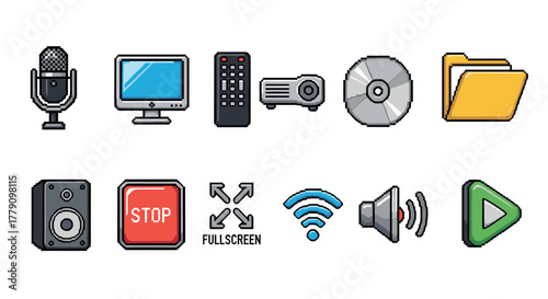 Retro pixel art icons of media and technology devices with vintage style