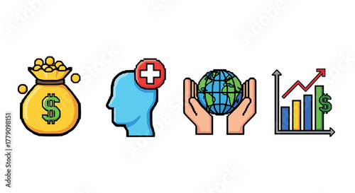 Pixel art icons money, mental health, environment, growth graph