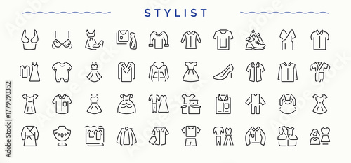 Set of Stylist line icon. Pack of outerwear, apparel, wear, dress and more. Cloth linear icon set. Pixel perfect. Editable stroke.