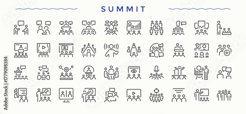 Summit icon collection. Contains related to teamwork, brainstorm, presentation, agenda, seminar, team, consultation and more. Minimal icons pack. Pixel perfect. Editable stroke. Brainstorm icon set.