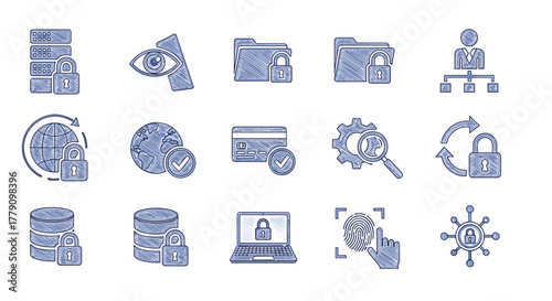 Blue sketch style cybersecurity icons set featuring global technology and data protection concepts