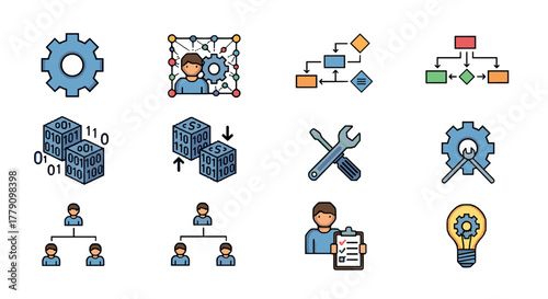 Colorful icons of workflow, technology, and innovation in flat design