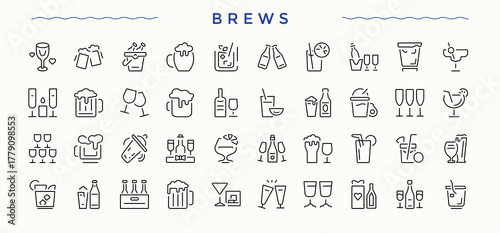 Brews icon set. Minimal icons collection. Contains such symbols as drink, wineglass, vineyard, wine glass. Editable vector. Pixel perfect. Label94 icon set.