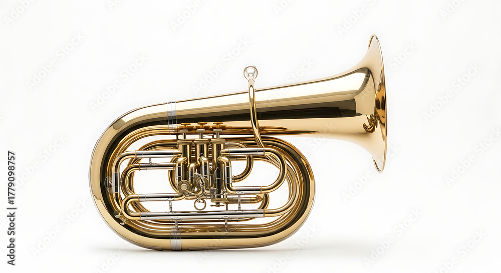 Obraz premium A shiny gold colored sousaphone sitting on a white background in a studio environment isolated ai generated