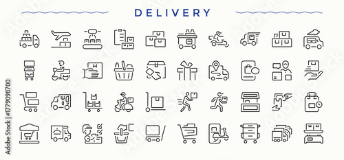 Delivery icon collection. Thin outline icons pack. Shipping line icon set. Contains related to transportation, parcel, logistic, courier, distribution, express, shipment and more.