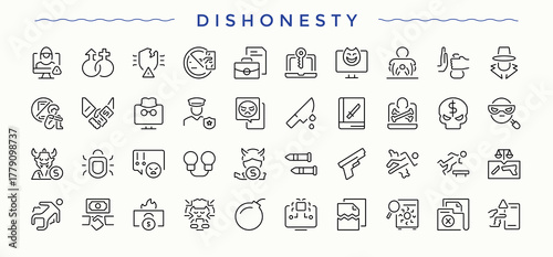 Dishonesty icon set. Collection for mobile and web apps. Vector collections. Crime line icon set. Contains related to crime, bribe, money laundering, illegal and more.