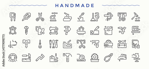 Set of Handmade line icon. Tools minimalist icons pack. Sign and Symbol. Carpenter Tools modern icon set. Editable stroke. Vector collection.