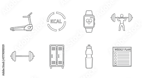 Fitness icons set treadmill, calories, smartwatch, weightlifting, and more