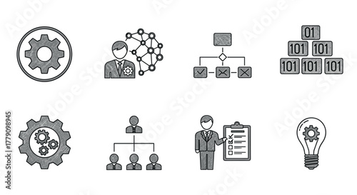 Hand drawn business concept set gears, networking, organization, and ideas