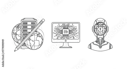 Technology concepts sketch server, circuit board, and robot head