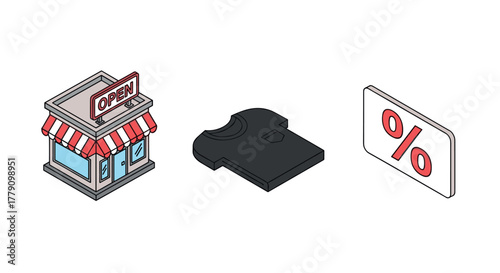 Isometric shop icons open sign, black tshirt, discount symbol