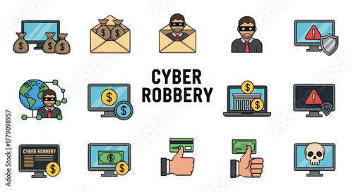 Cyber robbery icons set featuring hacker, computer, and money symbols