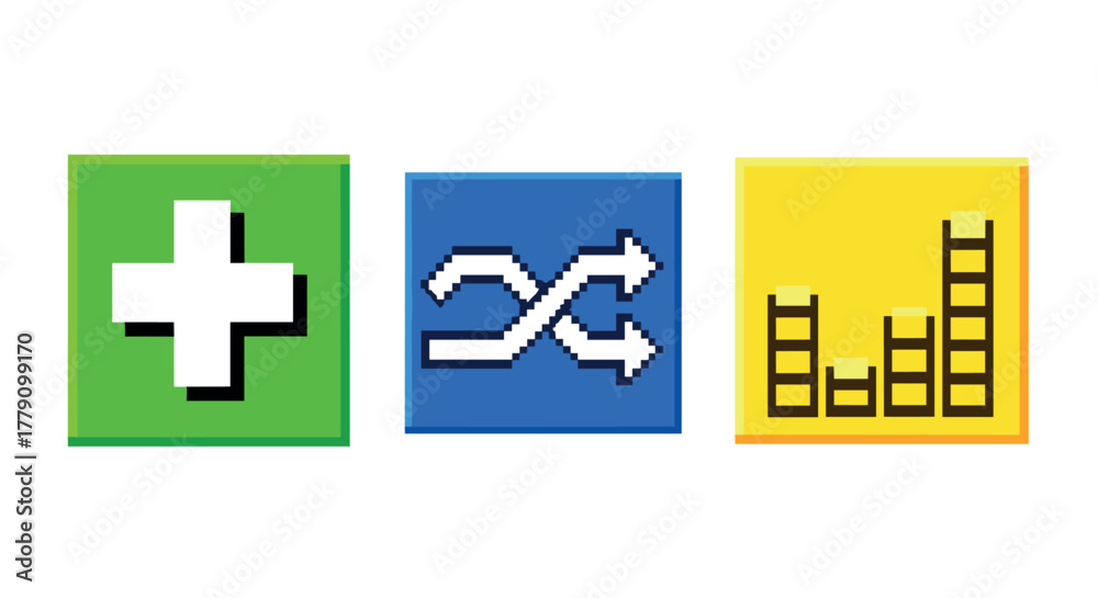 Obraz premium Retro pixel music icons play, shuffle, equalizer in vibrant colors