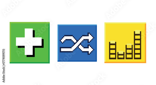Retro pixel music icons play, shuffle, equalizer in vibrant colors