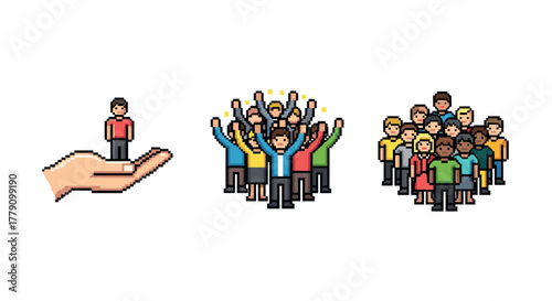Pixel art concept of leadership and community with diverse group