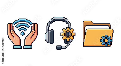 Pixel art icons wireless access, customer support, file management