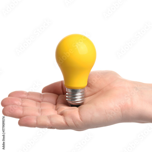 Hand holding a bright yellow light bulb, concept of ideas