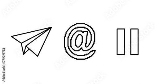 Minimalistic icons of paper plane, email symbol, and pause button in black and white