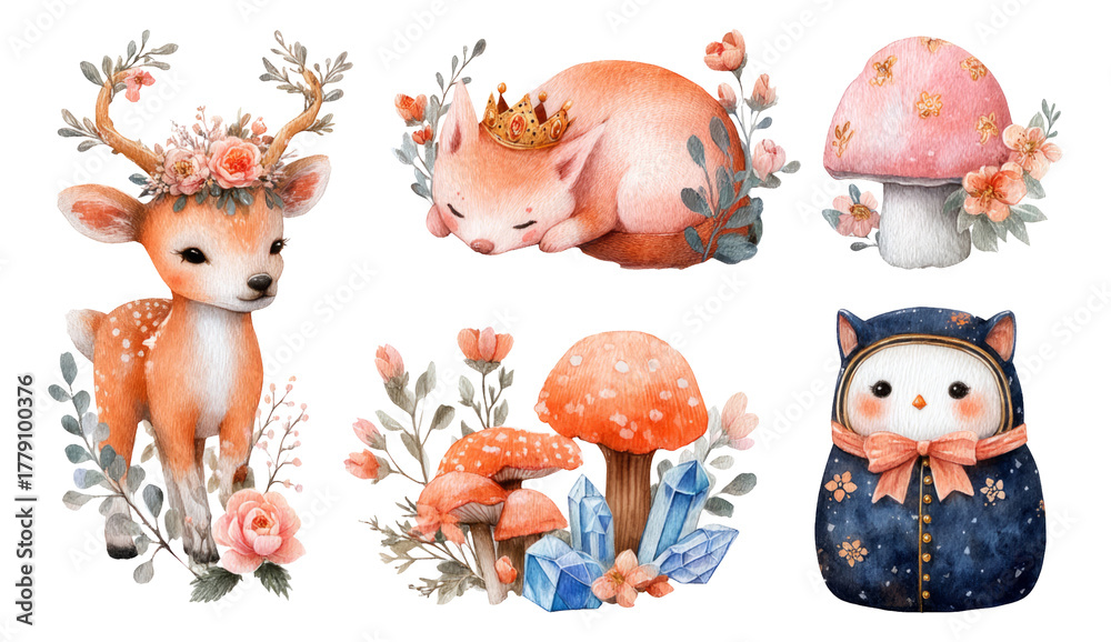 Fototapeta premium Cute Watercolor Animals and Mushrooms with Floral Accents on Transparent Background