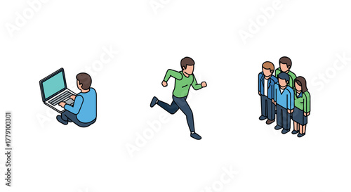 Isometric group dynamics laptop use, running, team gather