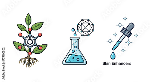 Pixel art chemistry icons molecule, beaker, skin enhancers with dropper