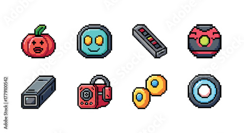 Colorful 8bit icons retro tomato, smile, technology, camera, gadgets