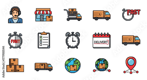 Fast delivery and logistics icons in pixel art style for ecommerce and shipping