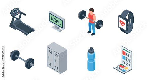 Isometric gym equipment and fitness lifestyle icons collection