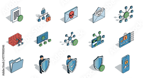 Cybersecurity icons set with isometric design featuring safety and privacy elements