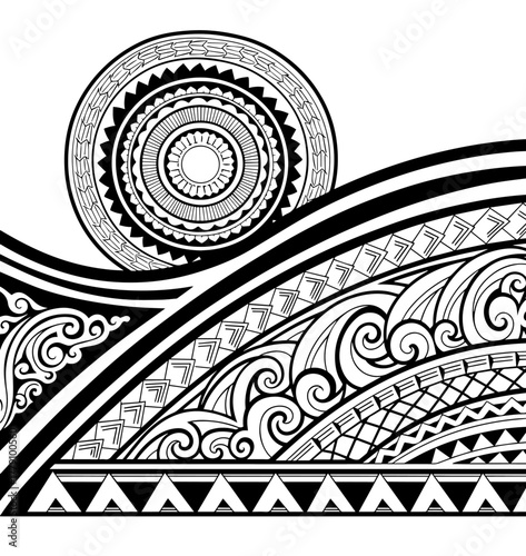 A striking black and white vector illustration of a Polynesian tattoo design, blending a bold sun mandala with intricate, flowing wave ornaments and geometric patterns