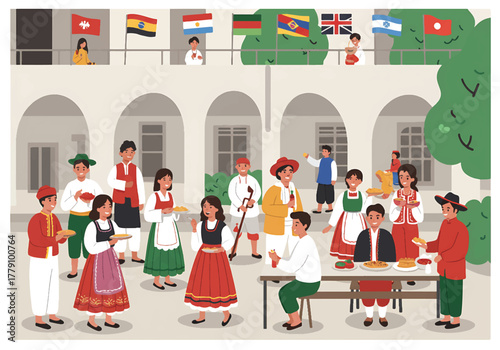 Illustration of diverse people in traditional clothing gathered around a table with food and flags in the background, conveying a cultural and festive atmosphere.
