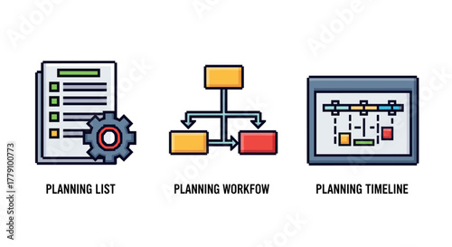 Business planning icons list, workflow, and timeline diagram set