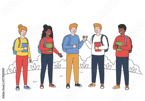 Illustration of five diverse students standing together outdoors with books and backpacks in a casual setting.