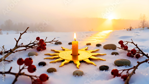 Burning Candle on Sun shaped Godlen Disk on Snow with Decorations and Low Winter Solstice Sun Glow in  Blurred Background