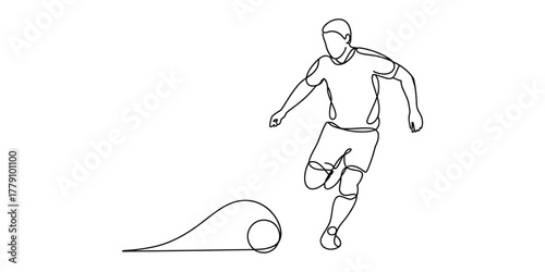 Continuous line art drawing of a soccer player dribbling a ball