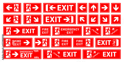 Exit signs icon in different style vector illustration. Fire exit emergency sign collection. Running man and exit door icon in flat design. Help evacuation.