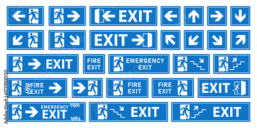 Fire exit emergency sign collection. Running man and exit door. Help evacuation. Exit signs icon in different style. Vector illustration.