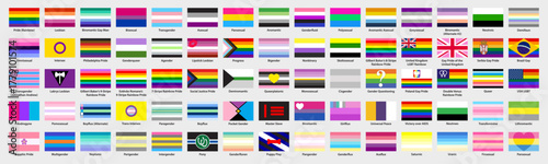Big set of lgbtq pride flags. Pride flags with names. Lgbt community flags. Square shape. Vector illustration.