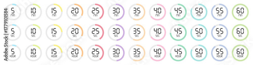 Countdown timer icons, minutes, seconds, and hours. colorful design. 5, 10, 15, 20, 25, 30, 35, 40, 45, 50, 55, 60. Timer, clock, stopwatch vector illustration.