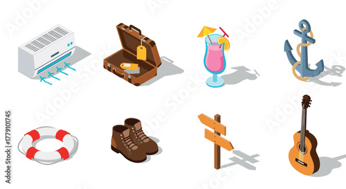 Isometric travel and leisure icons with air conditioner, drink, and guitar