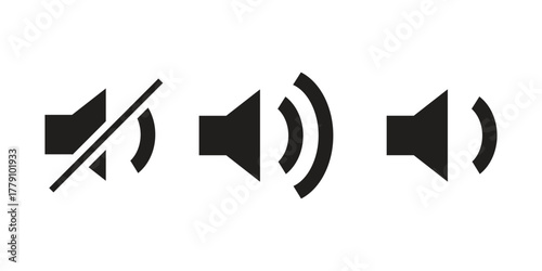 Set of speaker icons showing mute, low, and high volume levels. Simple black sound symbols for user interface, audio control, and multimedia design.