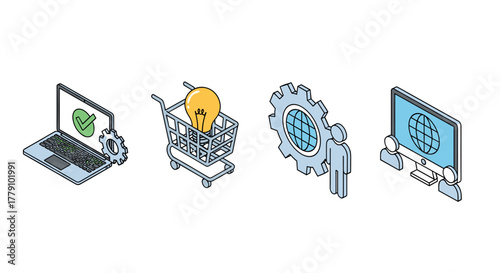 Isometric online shopping and technology concepts with gear and light bulb
