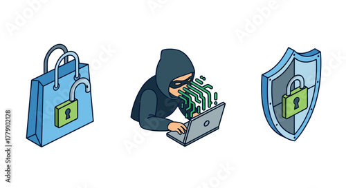 Cybersecurity threats hacking and data protection symbols in isometric style