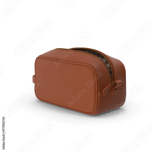 Open brown leather cosmetic bag for beauty and travel essentials