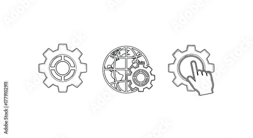Line art global connection with gear icons and hand cursor