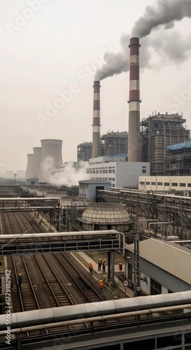 Industrial coal power plant emitting smoke while workers inspect railway tracks, showing industrial complex and energy production footage.