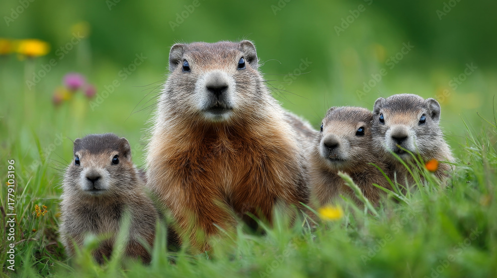 Fototapeta premium A cute groundhog on a festive spring day. Groundhog Day. A groundhog with fluffy fur. Landscape view.